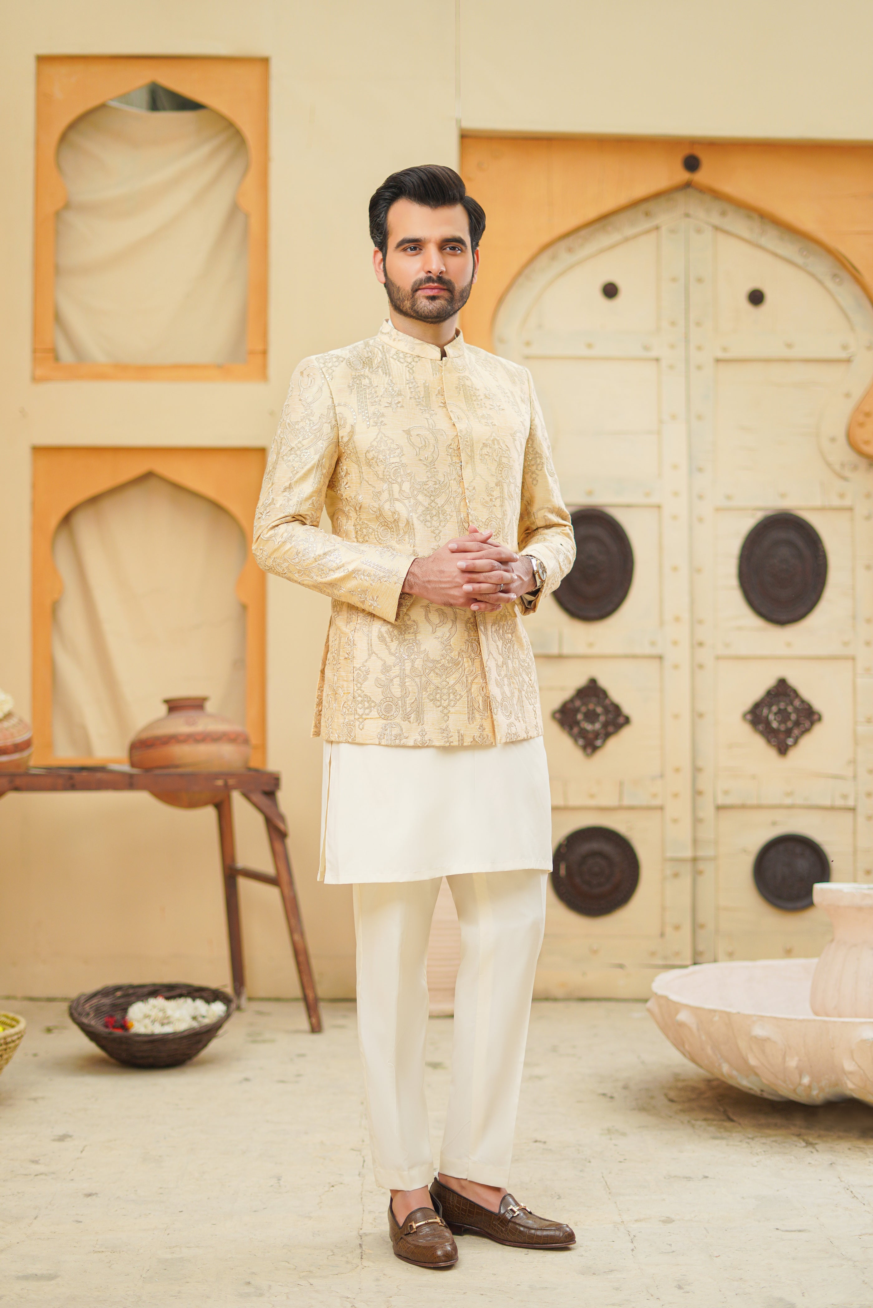 Cream Self-Sequence Jacquard Prince Coat (3-Piece) - Image 3