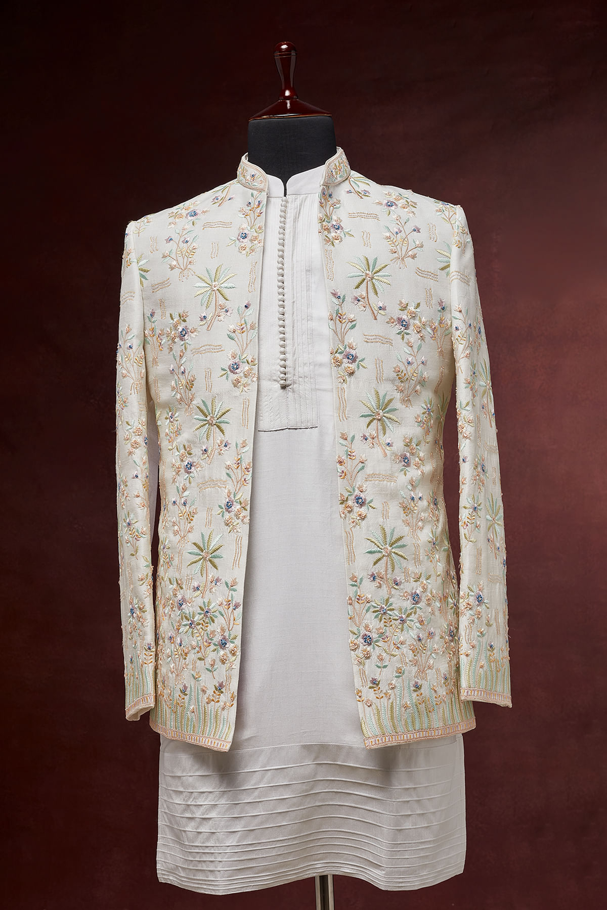 Light Cream Resham Embroidered Raw Silk Prince Coat (2-Piece) - Image 1