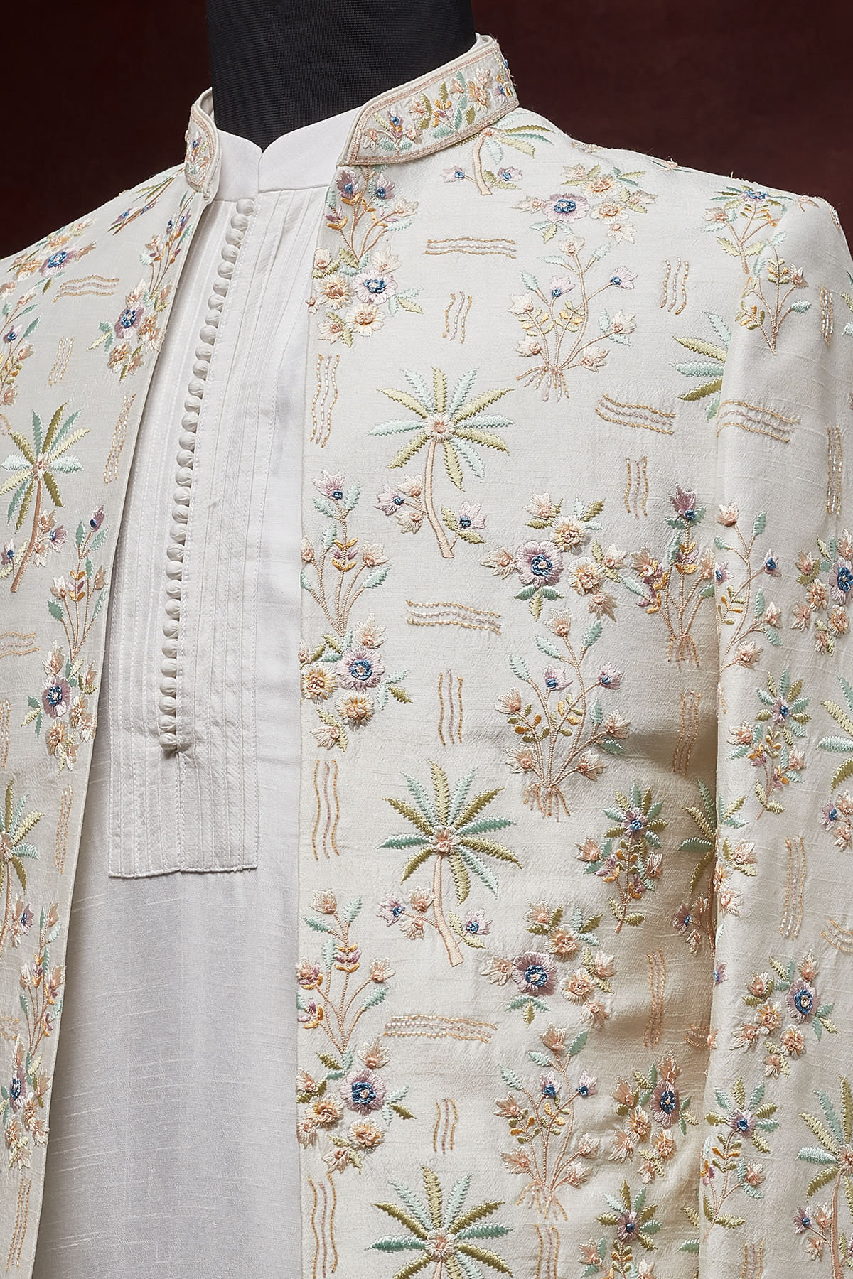 Light Cream Resham Embroidered Raw Silk Prince Coat (2-Piece) - Image 2