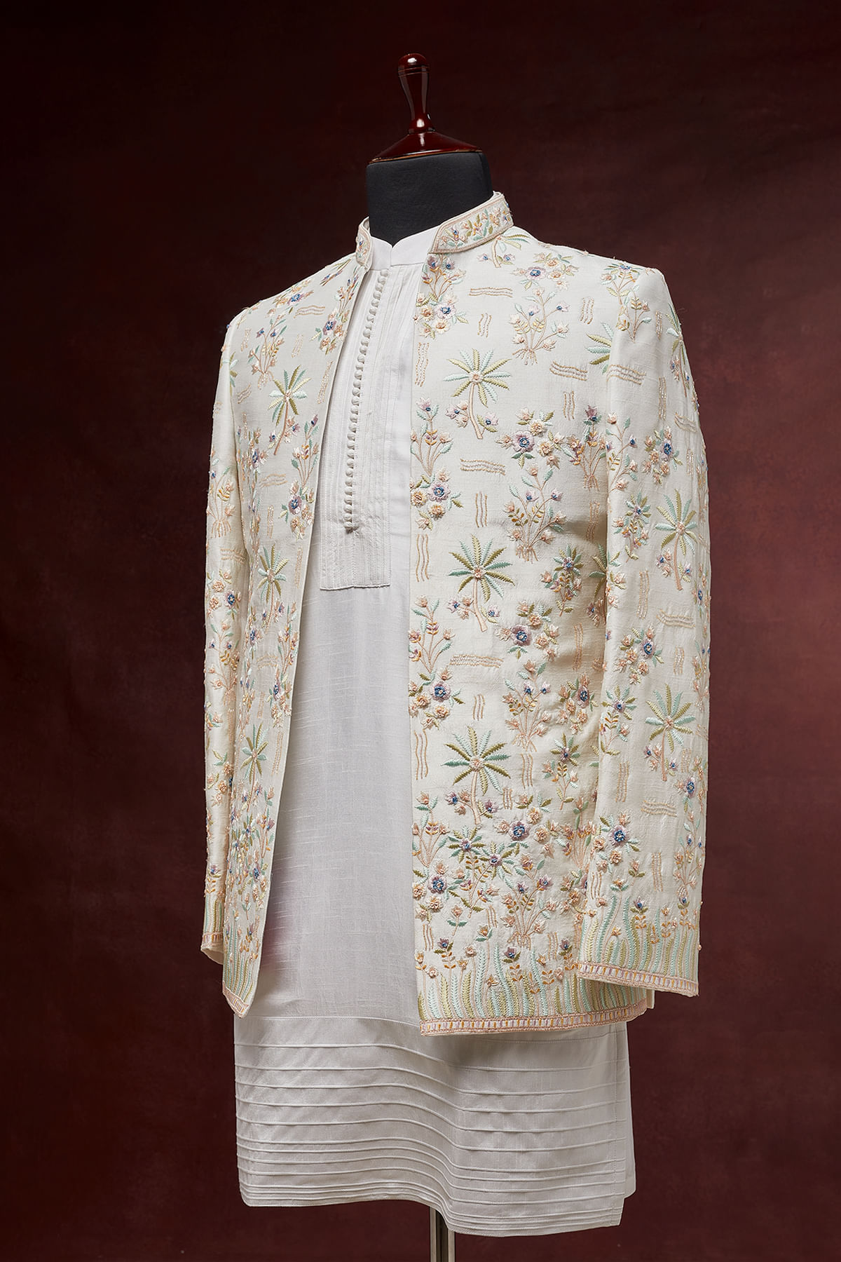Light Cream Resham Embroidered Raw Silk Prince Coat (2-Piece) - Image 4