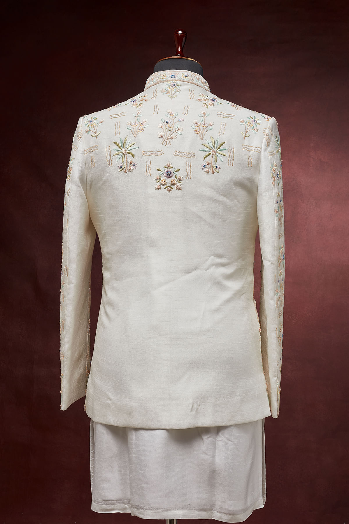 Light Cream Resham Embroidered Raw Silk Prince Coat (2-Piece) - Image 5