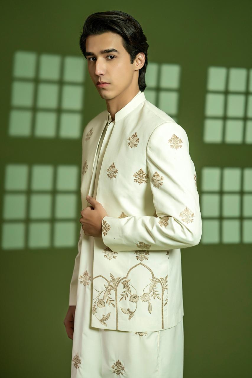 Cream Embroidered Wash-and-Wear Prince Coat (3-Piece) - Image 3