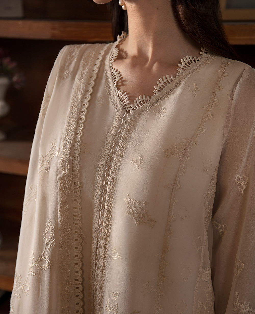 Pakistani Cream Embroidered Georgette Chiffon Kurta Set (3-Piece) - Image 3