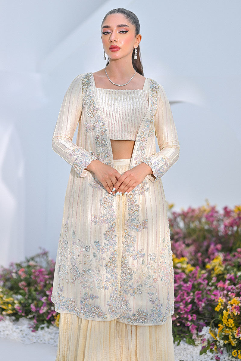 Pakistani Buttercream Embellished Front-Open Shirt Set (3-Piece) - Image 2