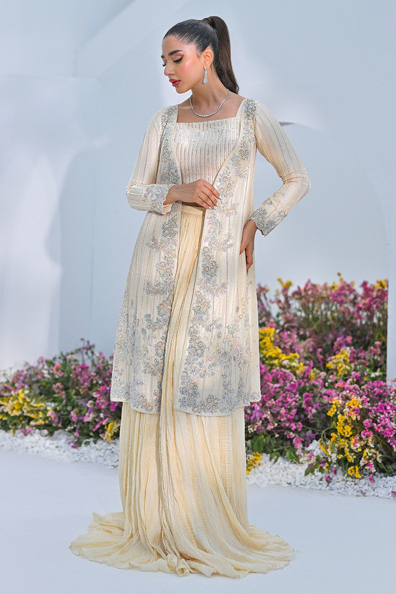Pakistani Buttercream Embellished Front-Open Shirt Set (3-Piece) - Image 3