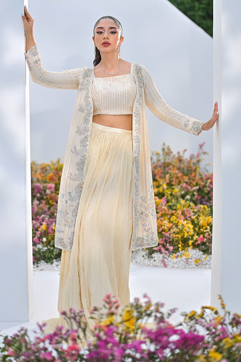 Pakistani Buttercream Embellished Front-Open Shirt Set (3-Piece) - Image 4