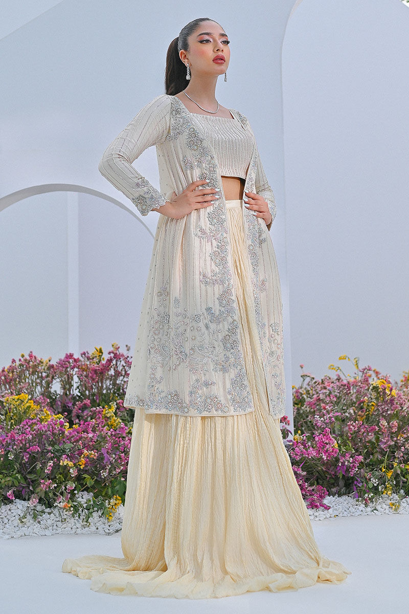 Pakistani Buttercream Embellished Front-Open Shirt Set (3-Piece) - Image 5