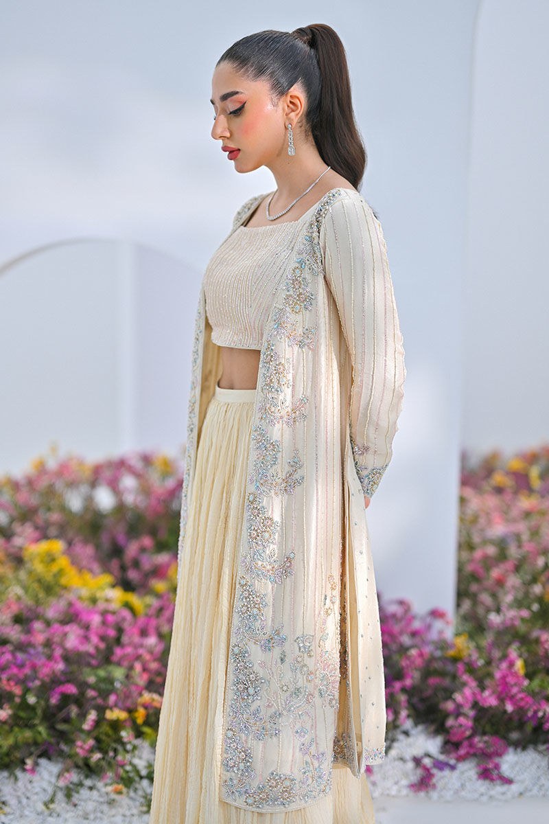 Pakistani Buttercream Embellished Front-Open Shirt Set (3-Piece) - Image 7