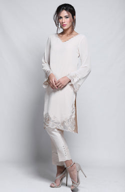 Pakistani Cream Embroidered Georgette Chiffon Salwar Kameez (2-Piece) - Image 1