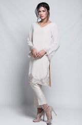 Pakistani Cream Embroidered Georgette Chiffon Salwar Kameez (2-Piece) - Image 2