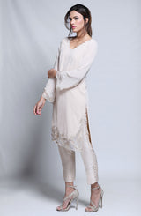 Pakistani Cream Embroidered Georgette Chiffon Salwar Kameez (2-Piece) - Image 4