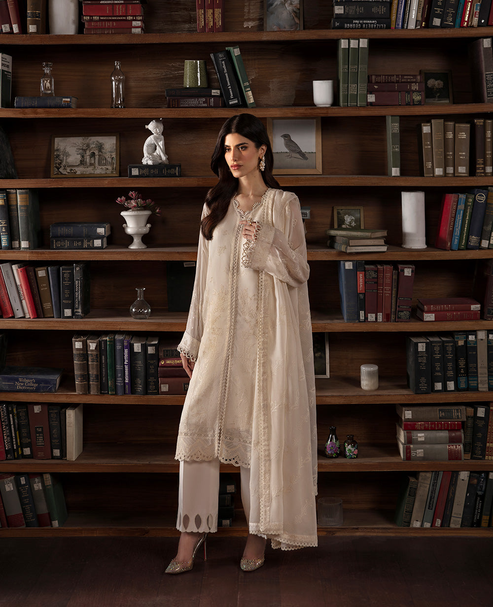 Pakistani Cream Embroidered Georgette Chiffon Kurta Set (3-Piece) - Image 2