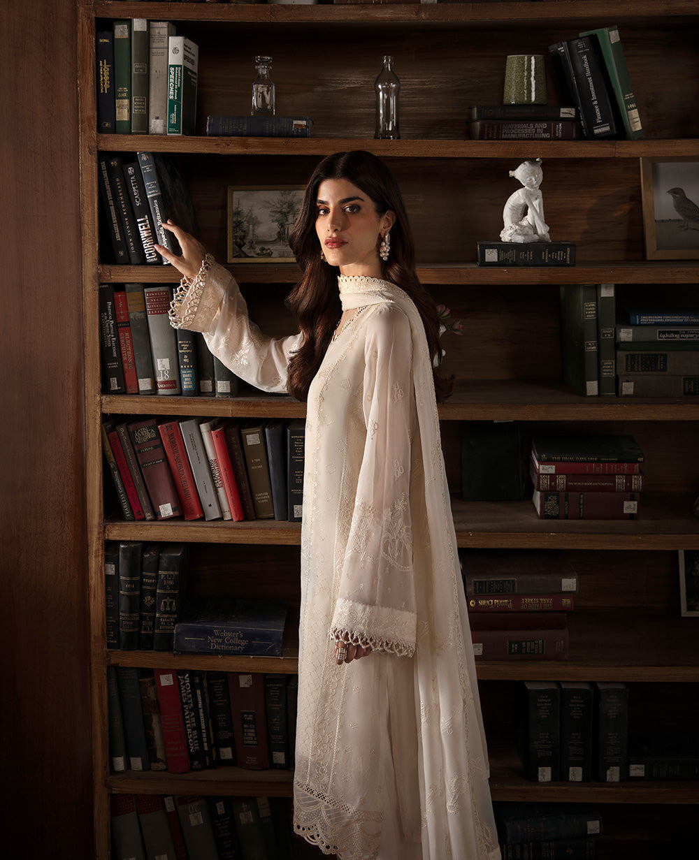 Pakistani Cream Embroidered Georgette Chiffon Kurta Set (3-Piece) - Image 4