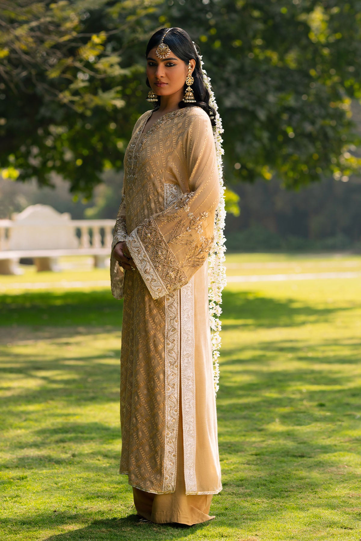 Pakistani Cream Embroidered Khaadi Net Shirt with Silk Pants (2-Piece) - Image 2