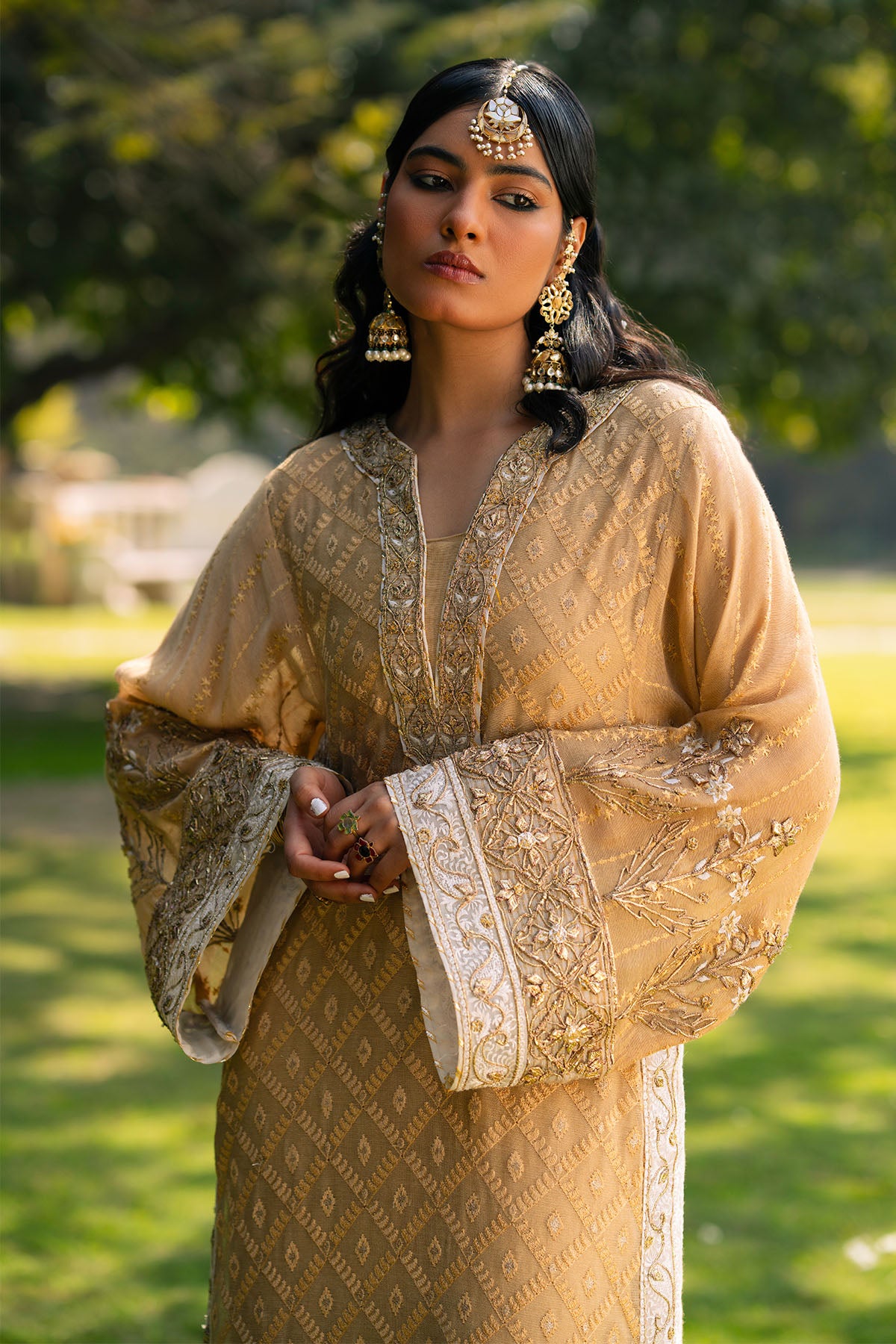 Pakistani Cream Embroidered Khaadi Net Shirt with Silk Pants (2-Piece) - Image 3