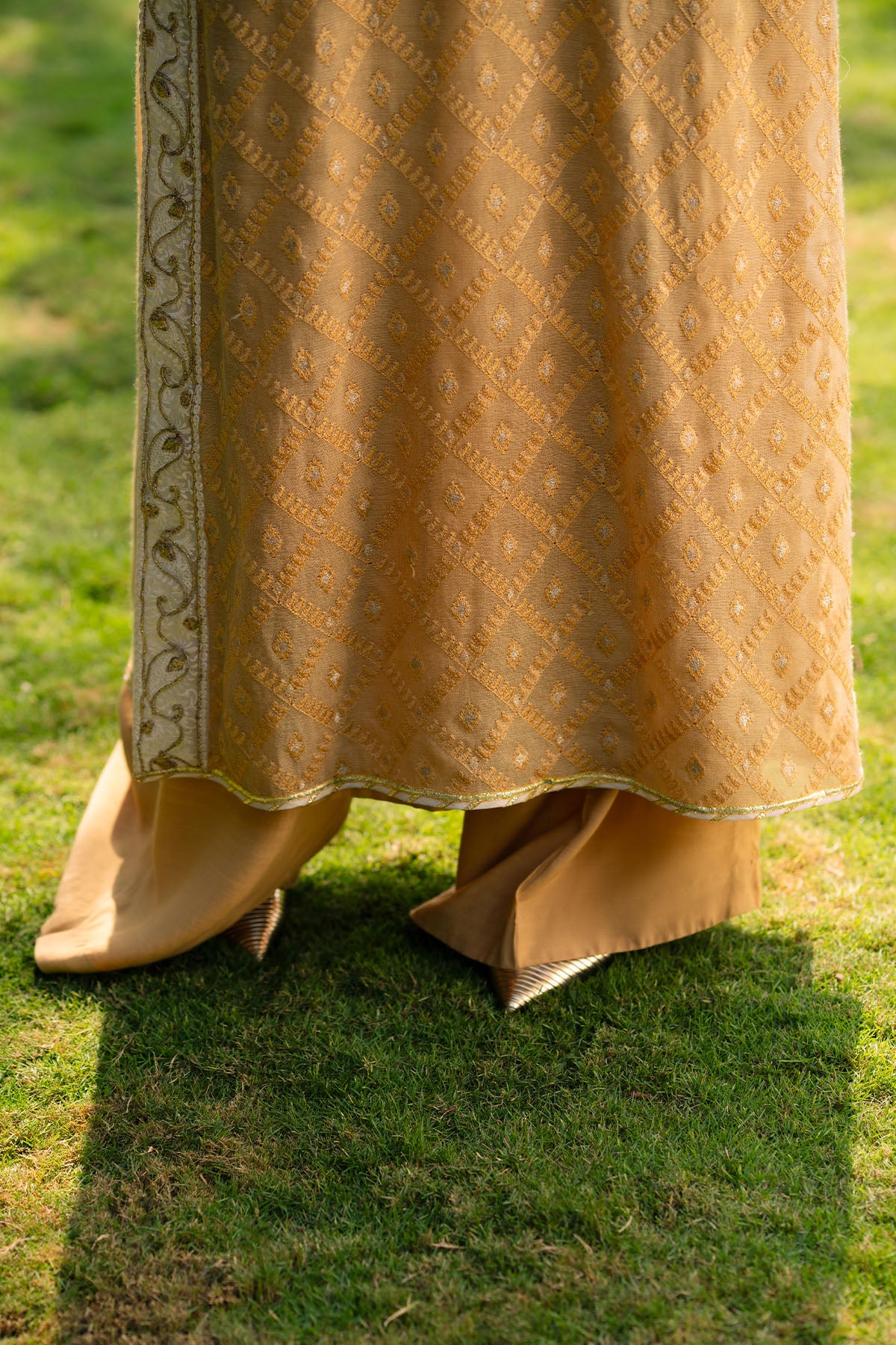 Pakistani Cream Embroidered Khaadi Net Shirt with Silk Pants (2-Piece) - Image 4