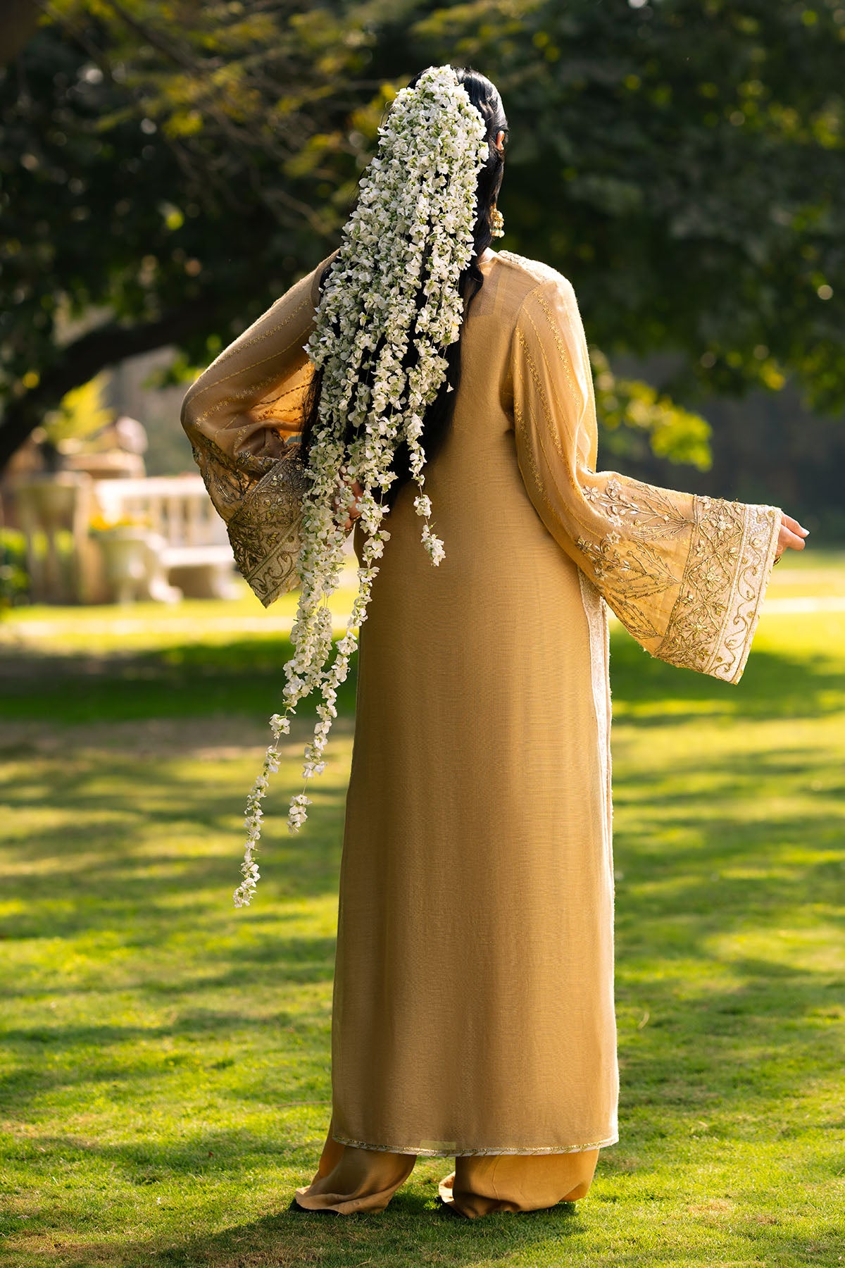 Pakistani Cream Embroidered Khaadi Net Shirt with Silk Pants (2-Piece) - Image 5