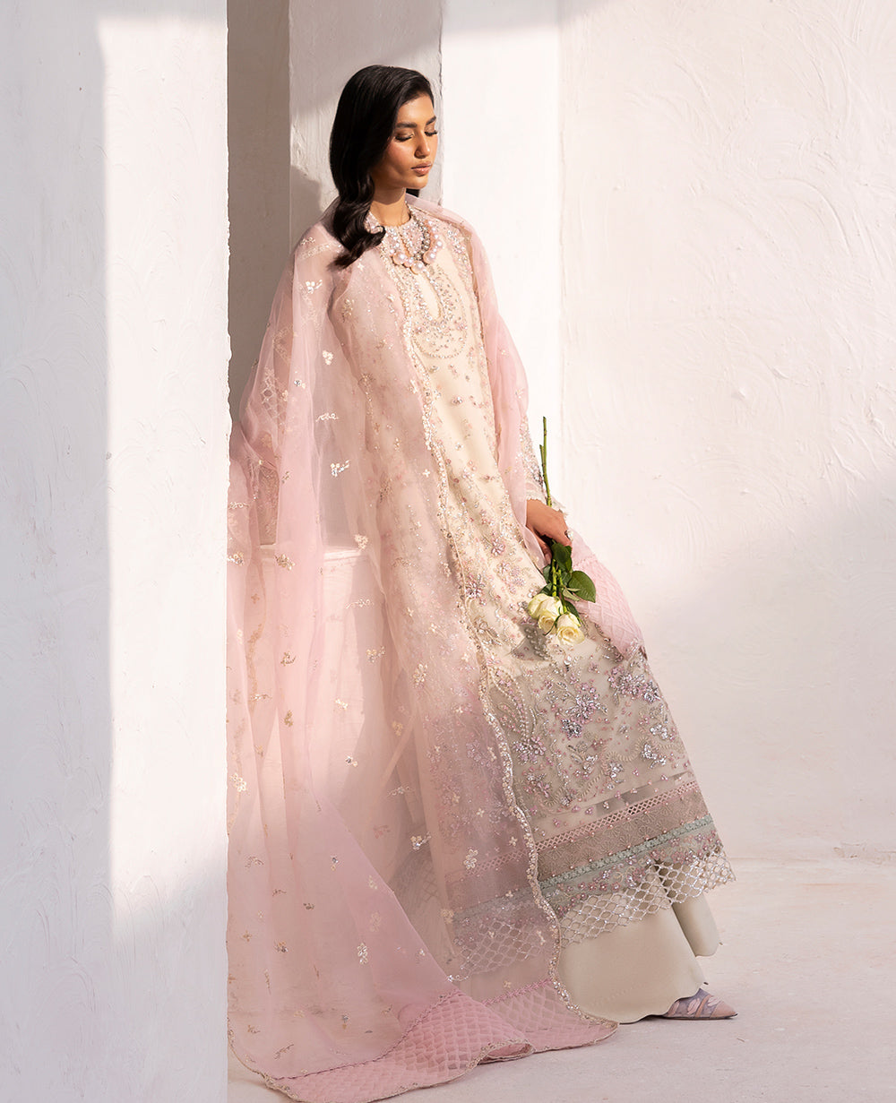Pakistani Cream Embroidered Organza 4-Piece Formal Dress - Image 3