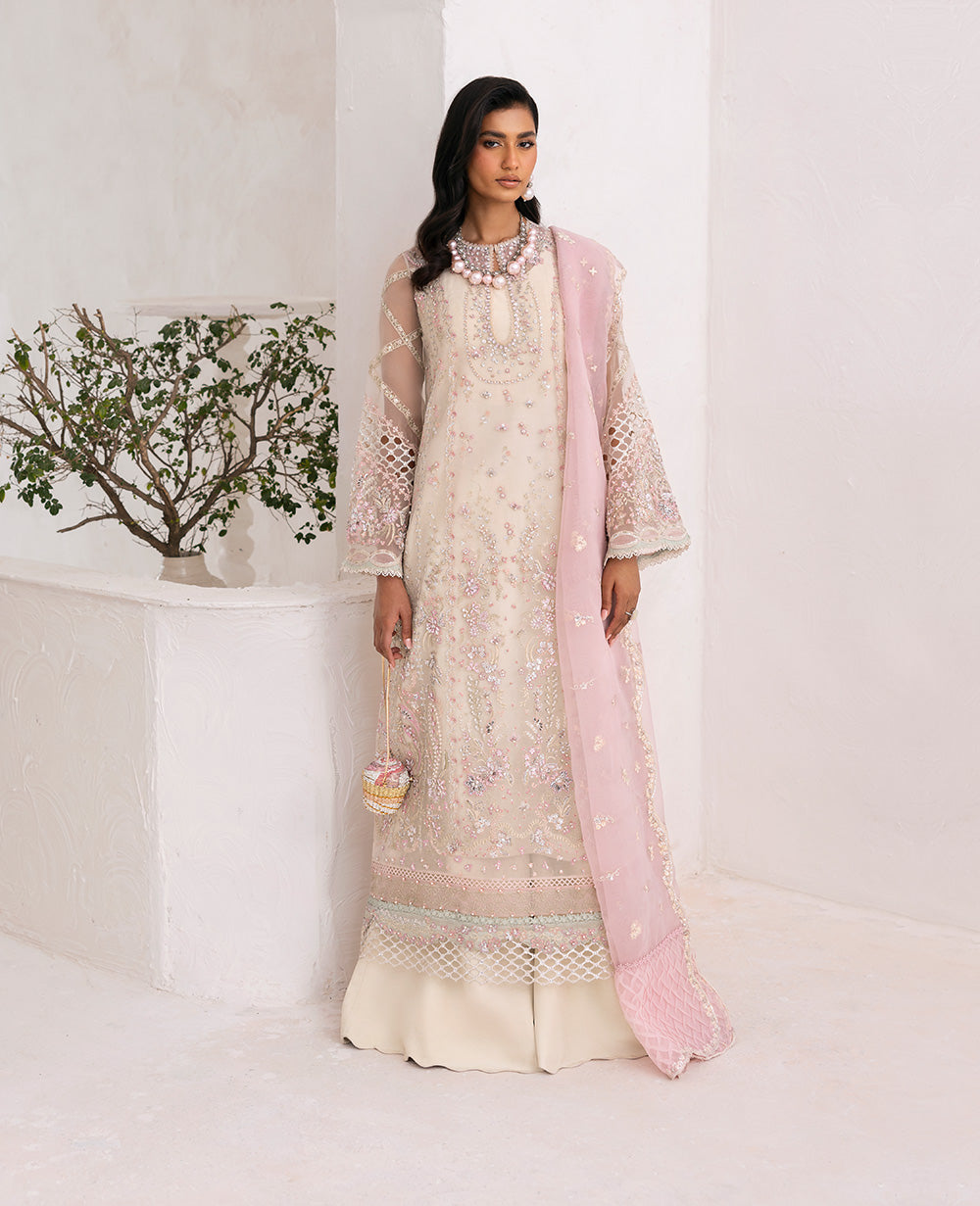 Pakistani Cream Embroidered Organza 4-Piece Formal Dress - Image 2