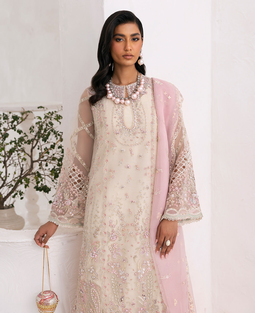 Pakistani Cream Embroidered Organza 4-Piece Formal Dress - Image 3