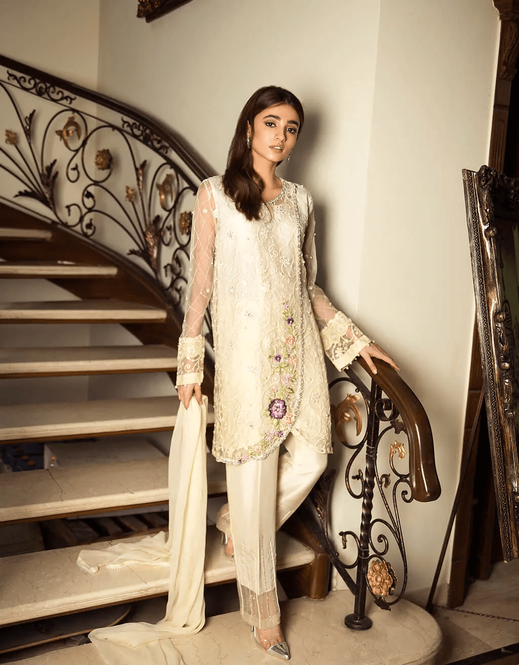 Cream Embroidered Pure Net Salwar Kameez (3-Piece) - Image 1