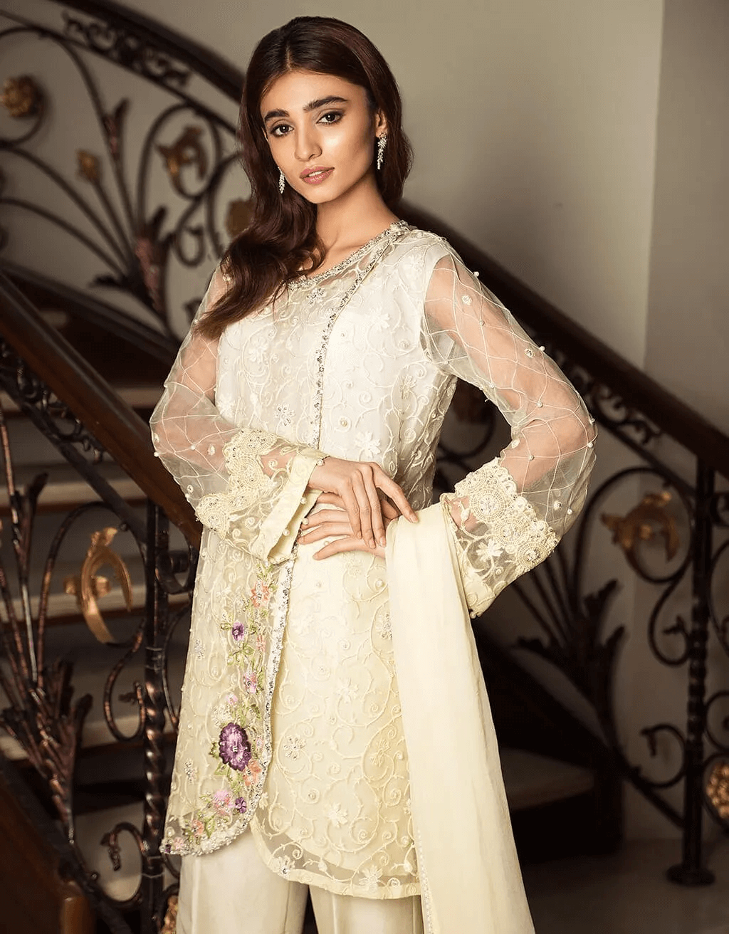 Cream Embroidered Pure Net Salwar Kameez (3-Piece) - Image 3