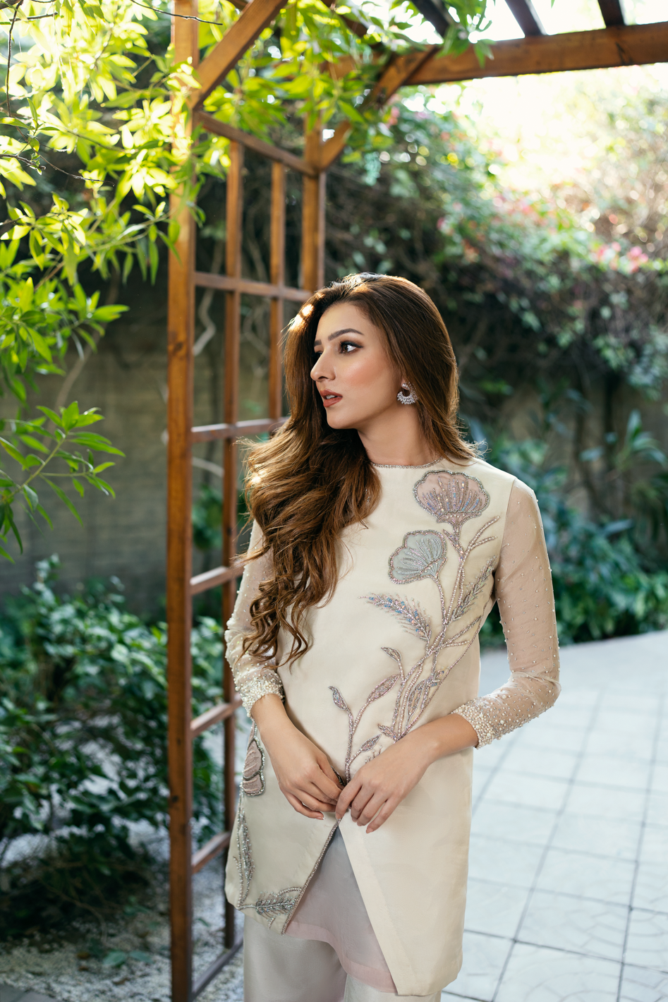 Cream Crystal Embroidered Raw Silk Salwar Kameez (2-Piece) - Image 1