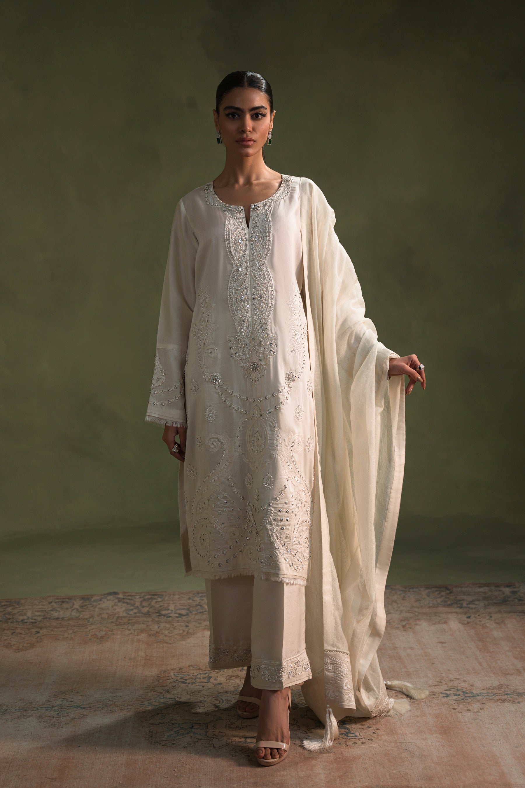 Pakistani Creamy White Embroidered Silk Salwar Kameez (3-Piece) - Image 1
