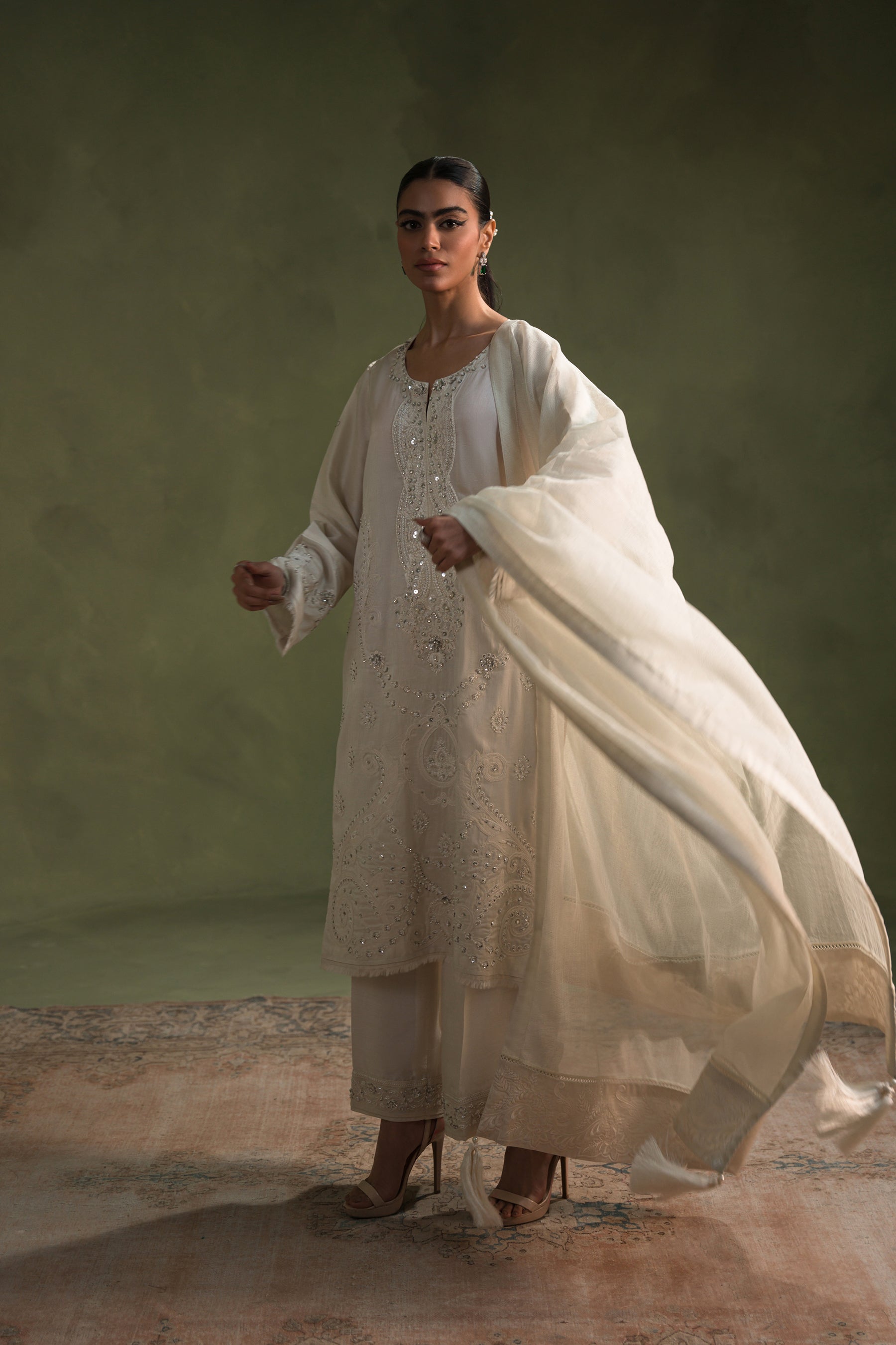 Pakistani Creamy White Embroidered Silk Salwar Kameez (3-Piece) - Image 3