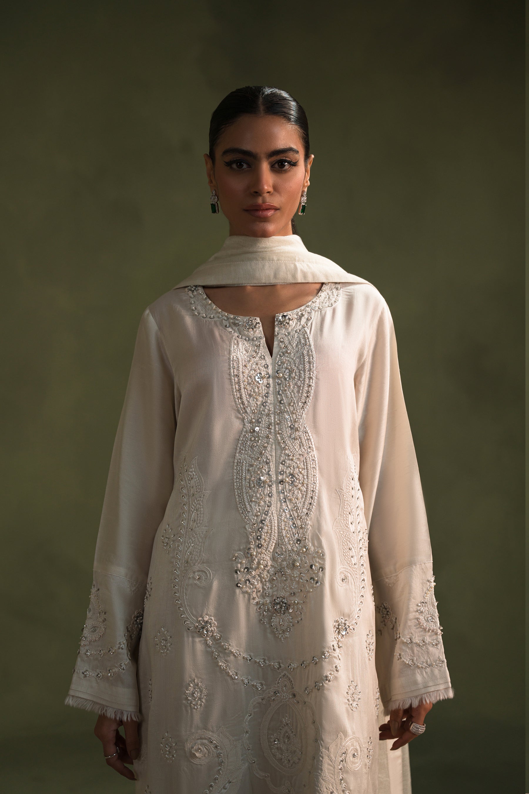 Pakistani Creamy White Embroidered Silk Salwar Kameez (3-Piece) - Image 4