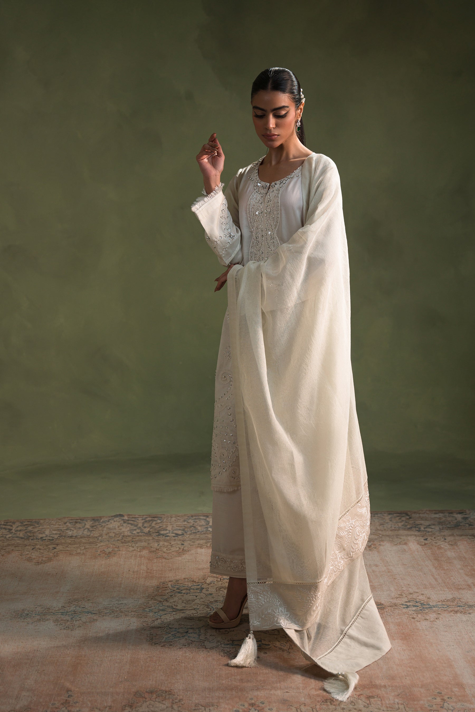 Pakistani Creamy White Embroidered Silk Salwar Kameez (3-Piece) - Image 5