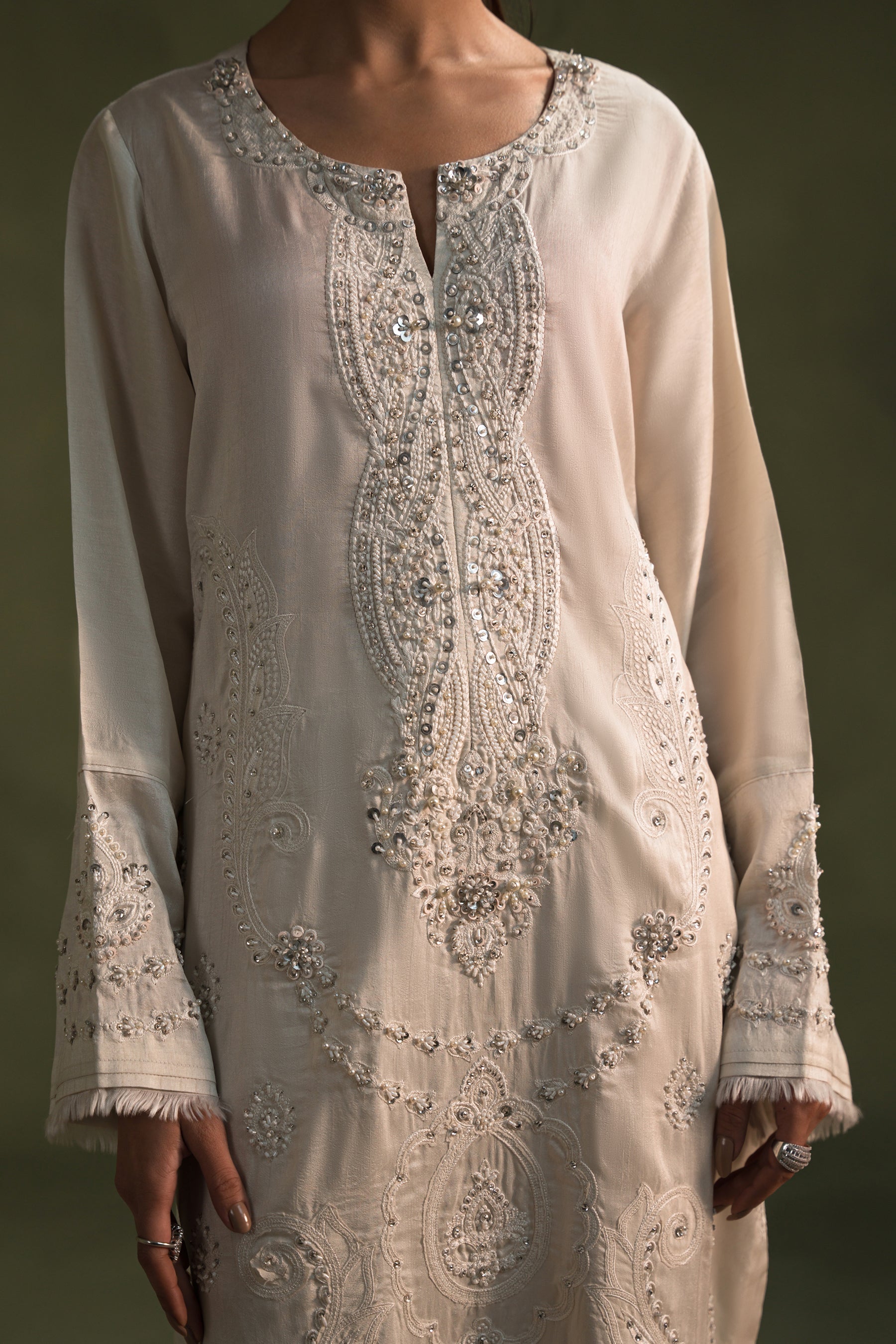 Pakistani Creamy White Embroidered Silk Salwar Kameez (3-Piece) - Image 6