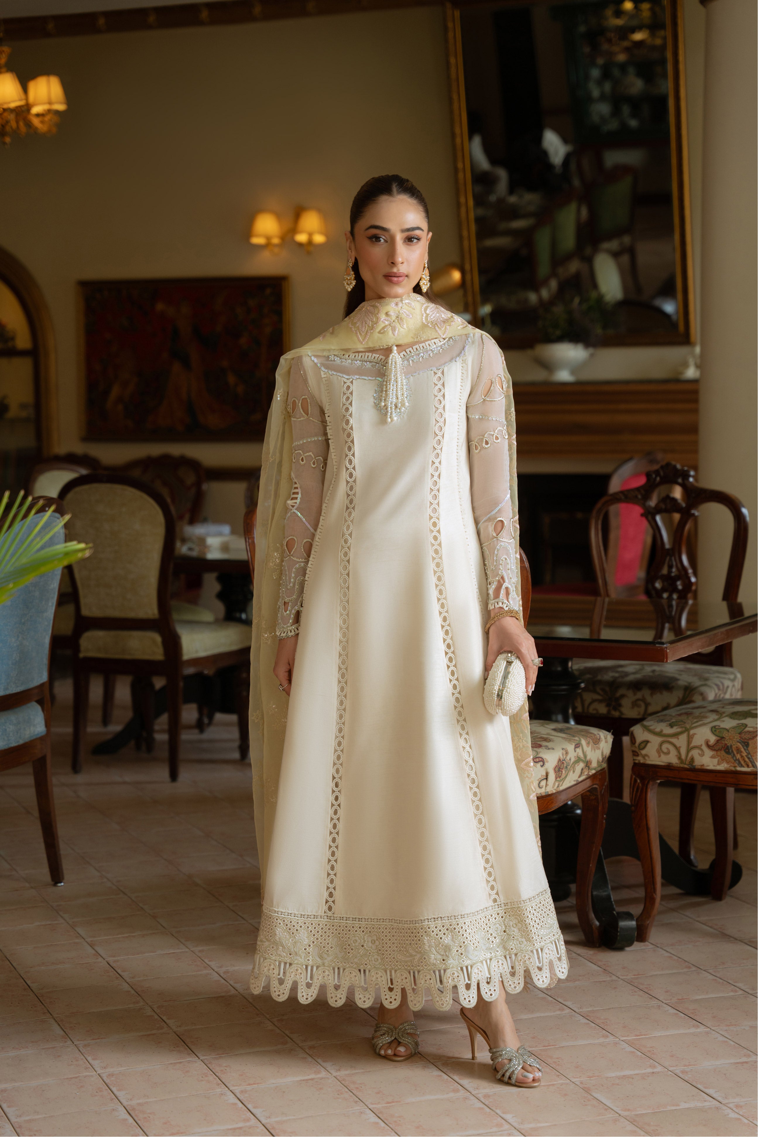 Pakistani Cream Beige Pearl Embellished Silk Salwar Kameez (3-Piece) - Image 1