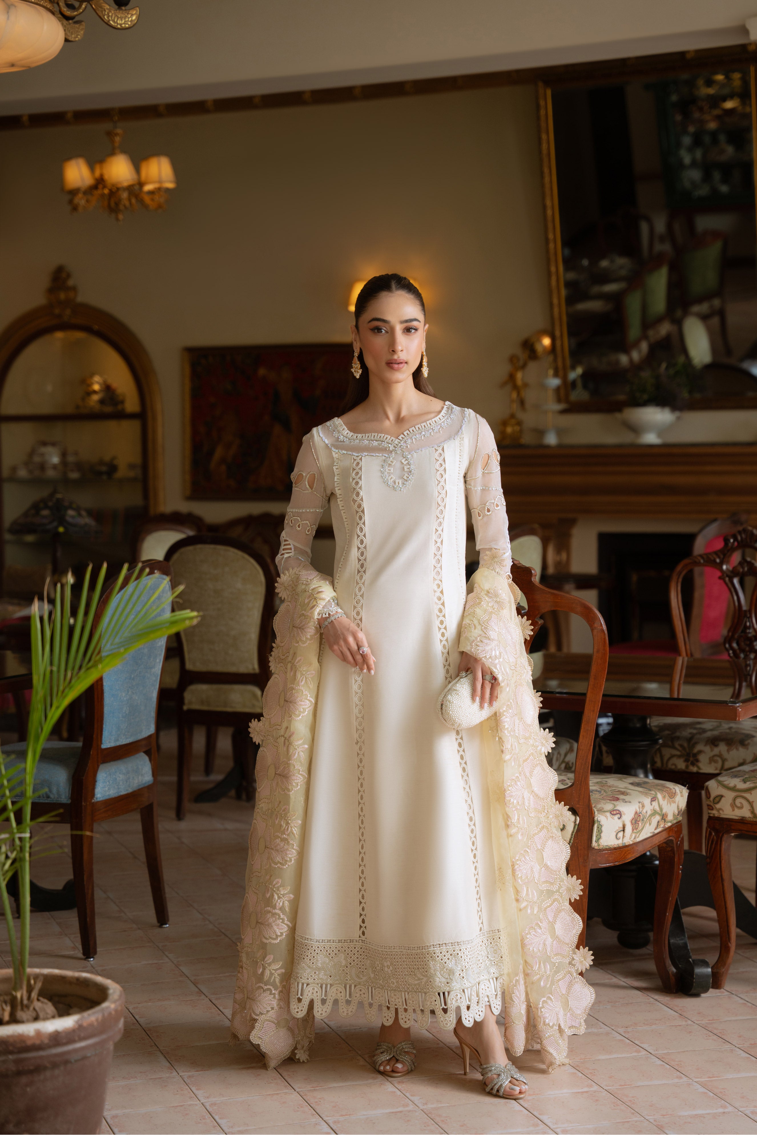 Pakistani Cream Beige Pearl Embellished Silk Salwar Kameez (3-Piece) - Image 3