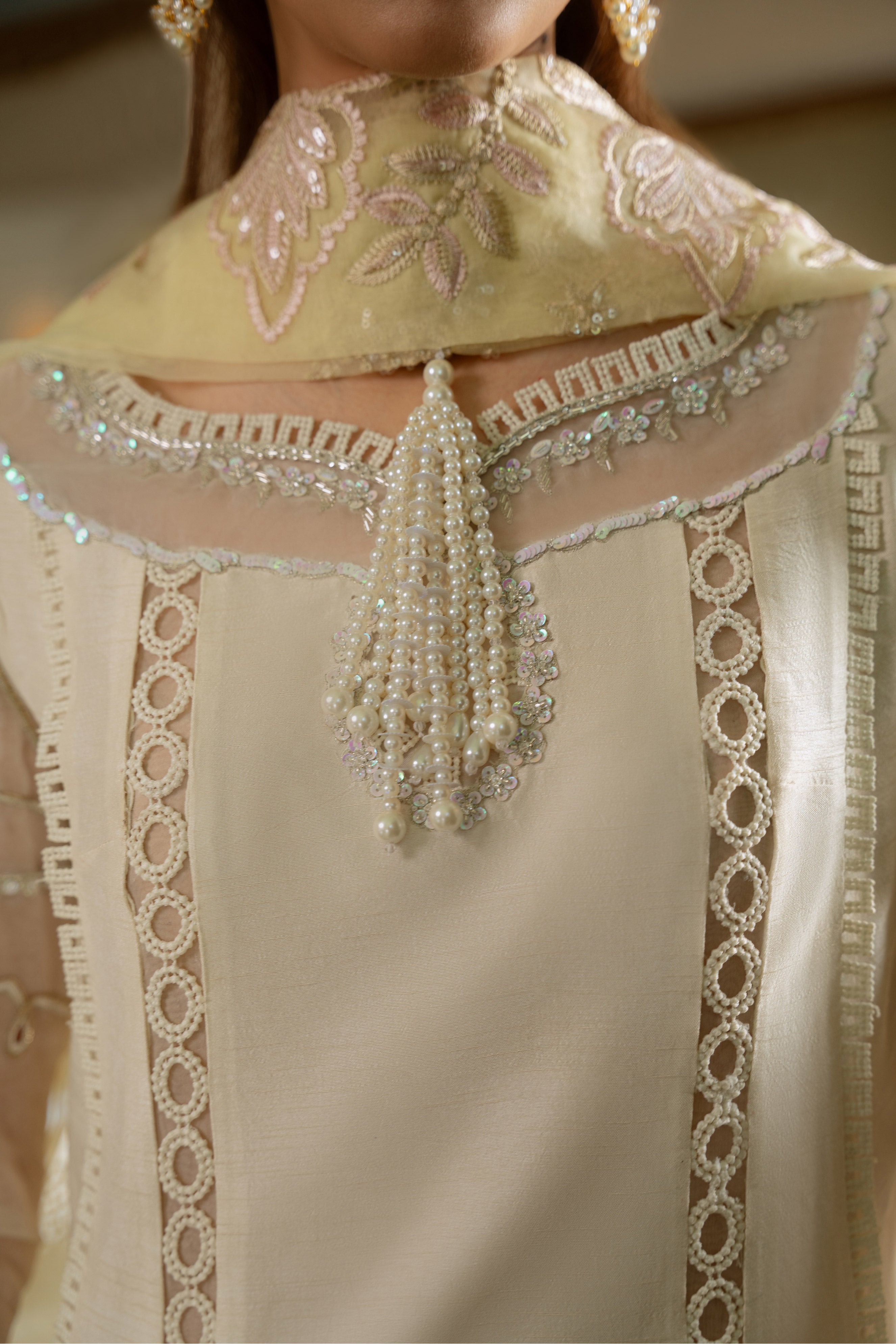 Pakistani Cream Beige Pearl Embellished Silk Salwar Kameez (3-Piece) - Image 4