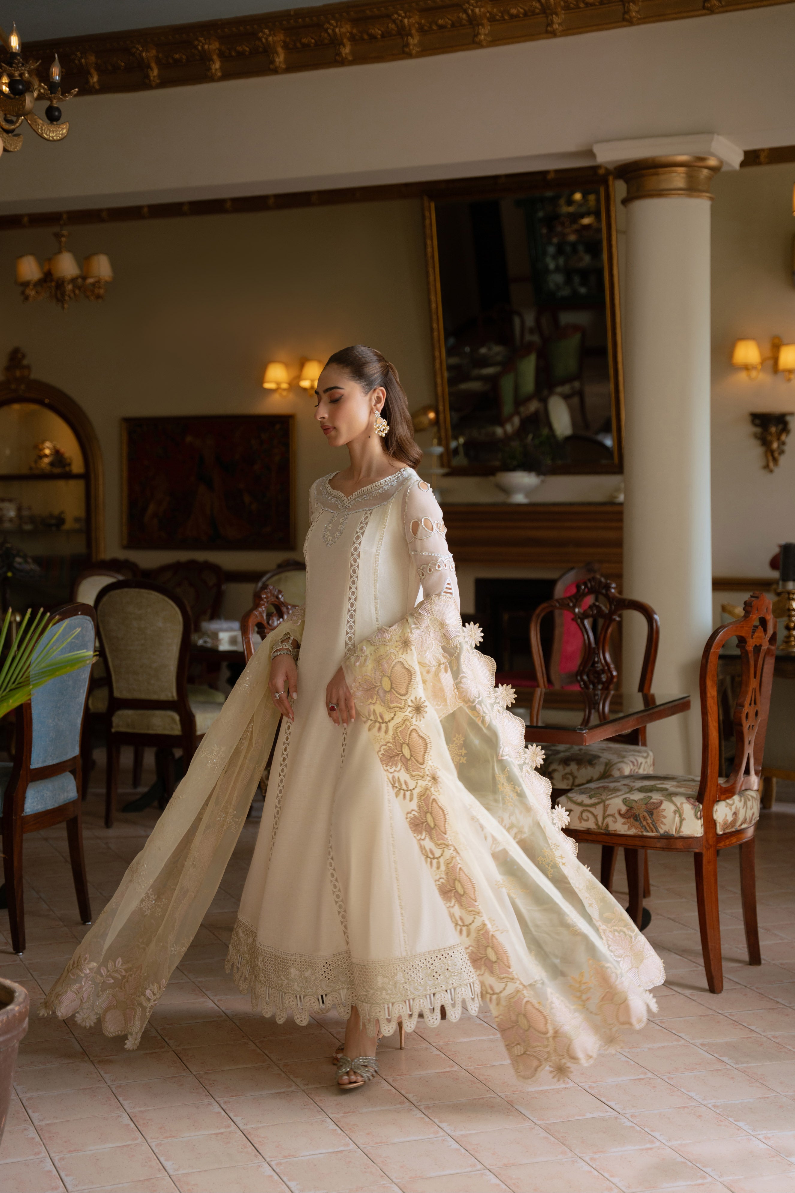 Pakistani Cream Beige Pearl Embellished Silk Salwar Kameez (3-Piece) - Image 5