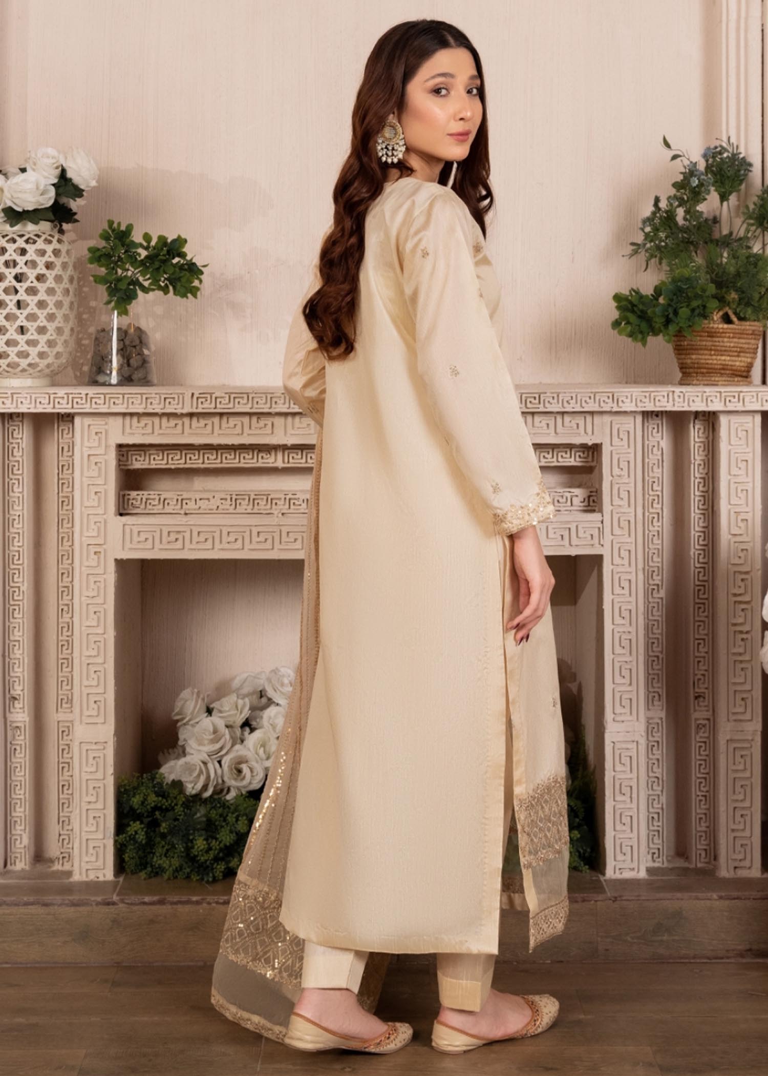 Pakistani Cream Sequin Embroidered Raw Silk Kurta Set (3-Piece) - Image 3