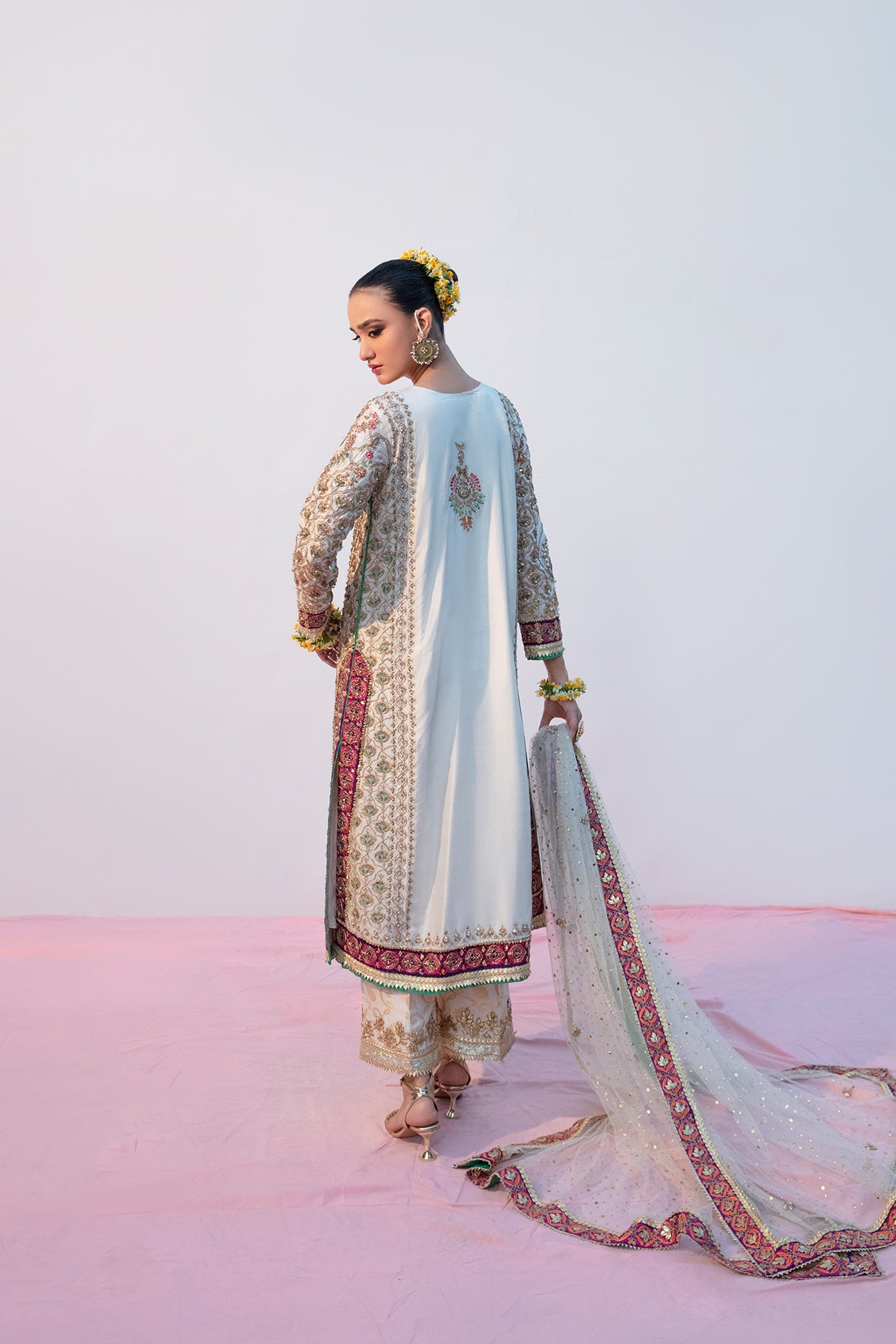 Pakistani Cream White Embroidered Net Salwar Kameez (3-Piece) - Image 1
