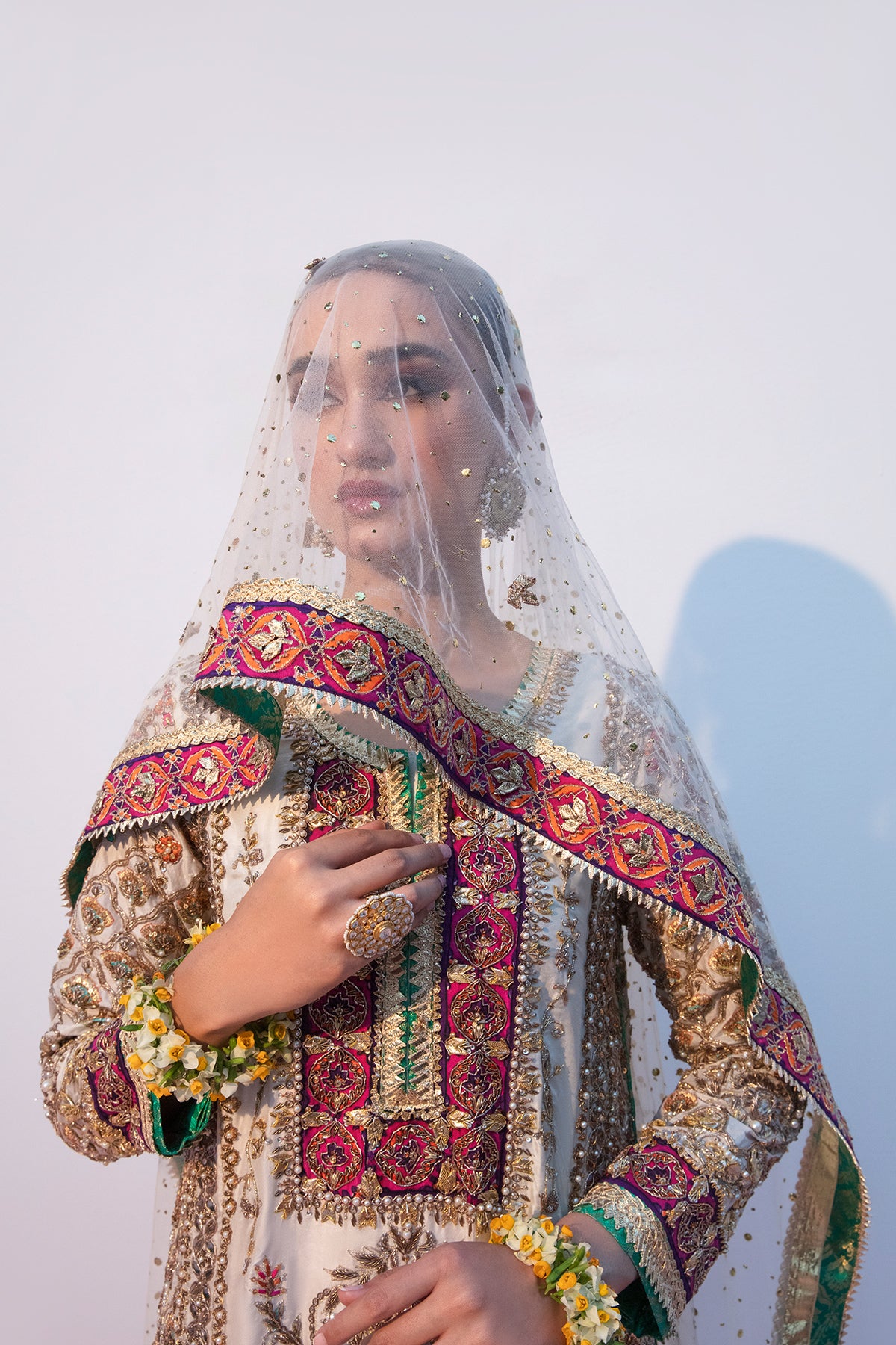 Pakistani Cream White Embroidered Net Salwar Kameez (3-Piece) - Image 2