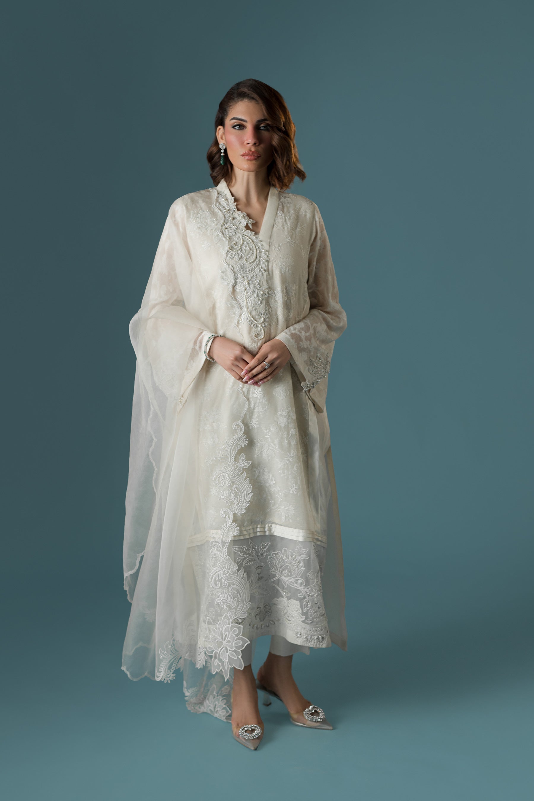 Pakistani Cream White Embroidered Tissue Silk Kurta Set (4-Piece) - Image 1