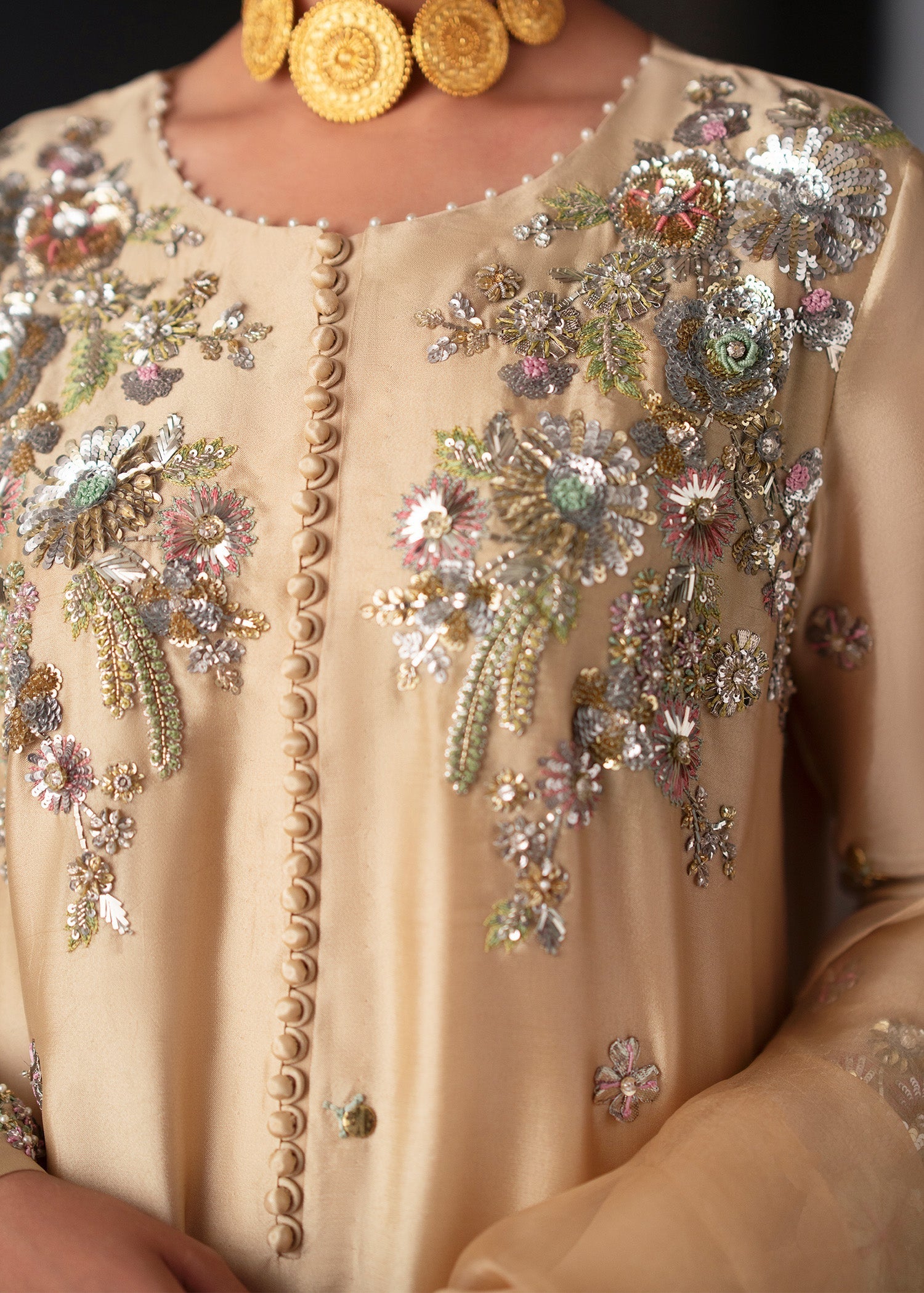 Pakistani Cream Hand-Embellished Tissue Silk Kurta Set (3-Piece) - Image 2