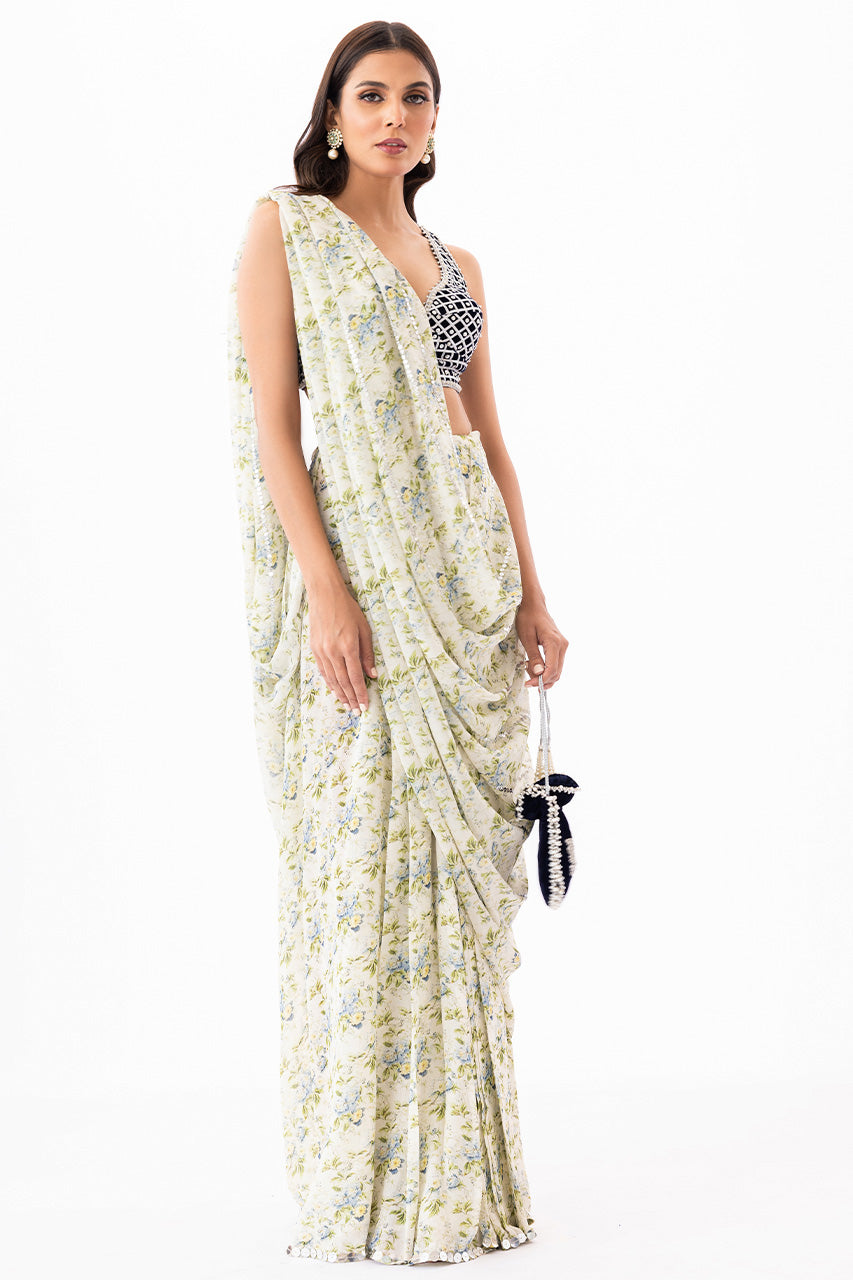 Buttercream Printed Georgette Pre-Draped Saree (2-Piece) - Image 1