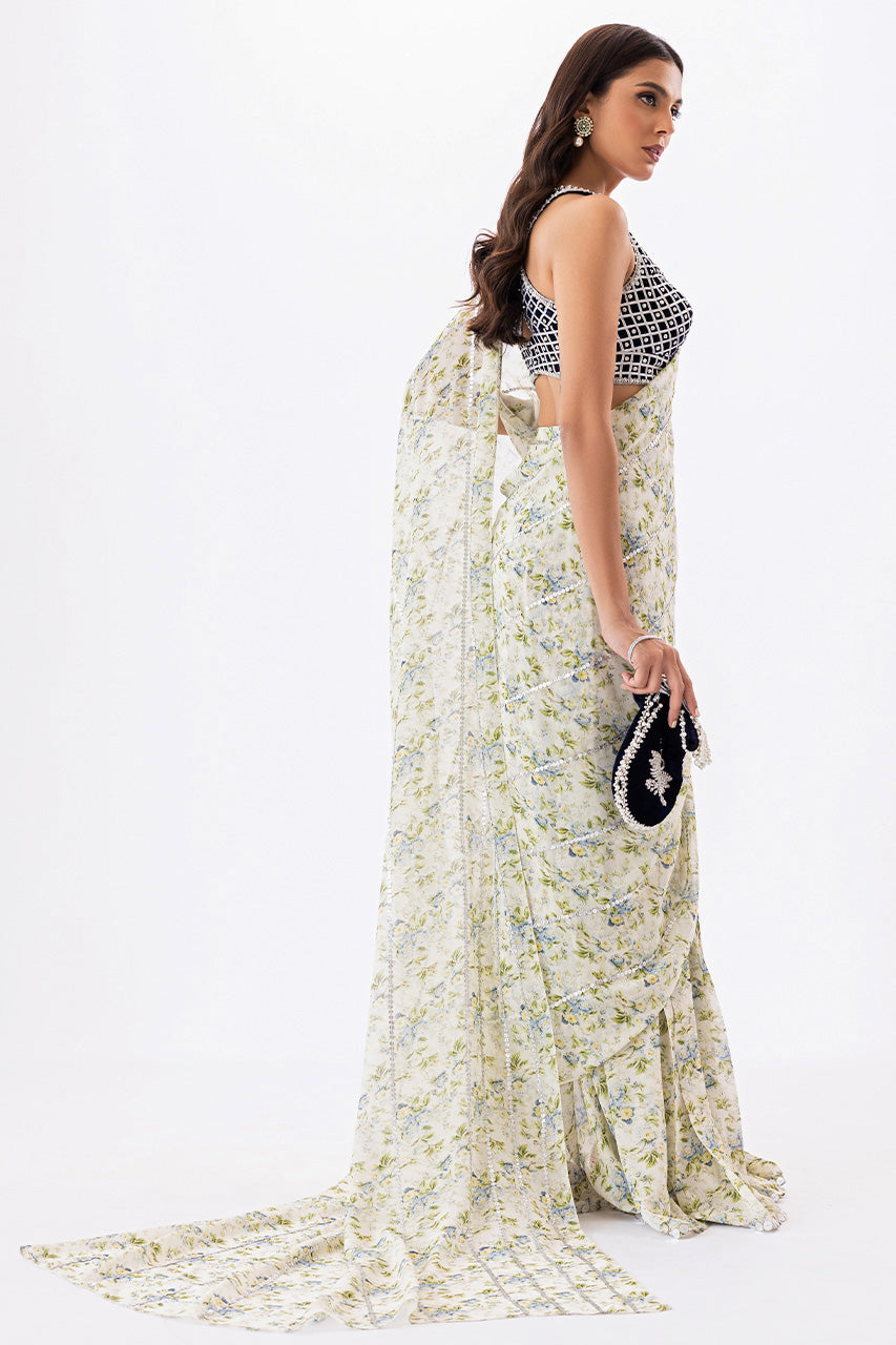 Buttercream Printed Georgette Pre-Draped Saree (2-Piece) - Image 2