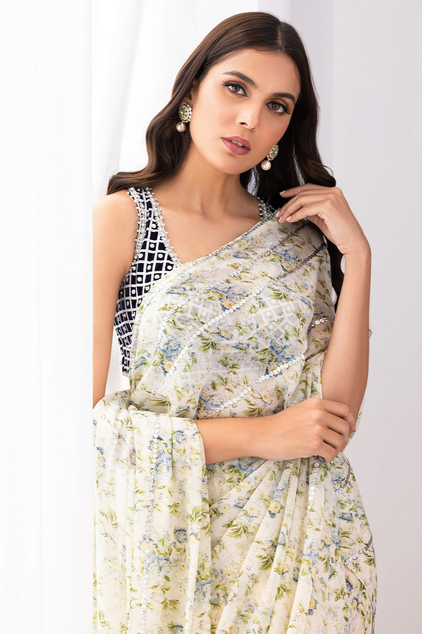 Buttercream Printed Georgette Pre-Draped Saree (2-Piece) - Image 3