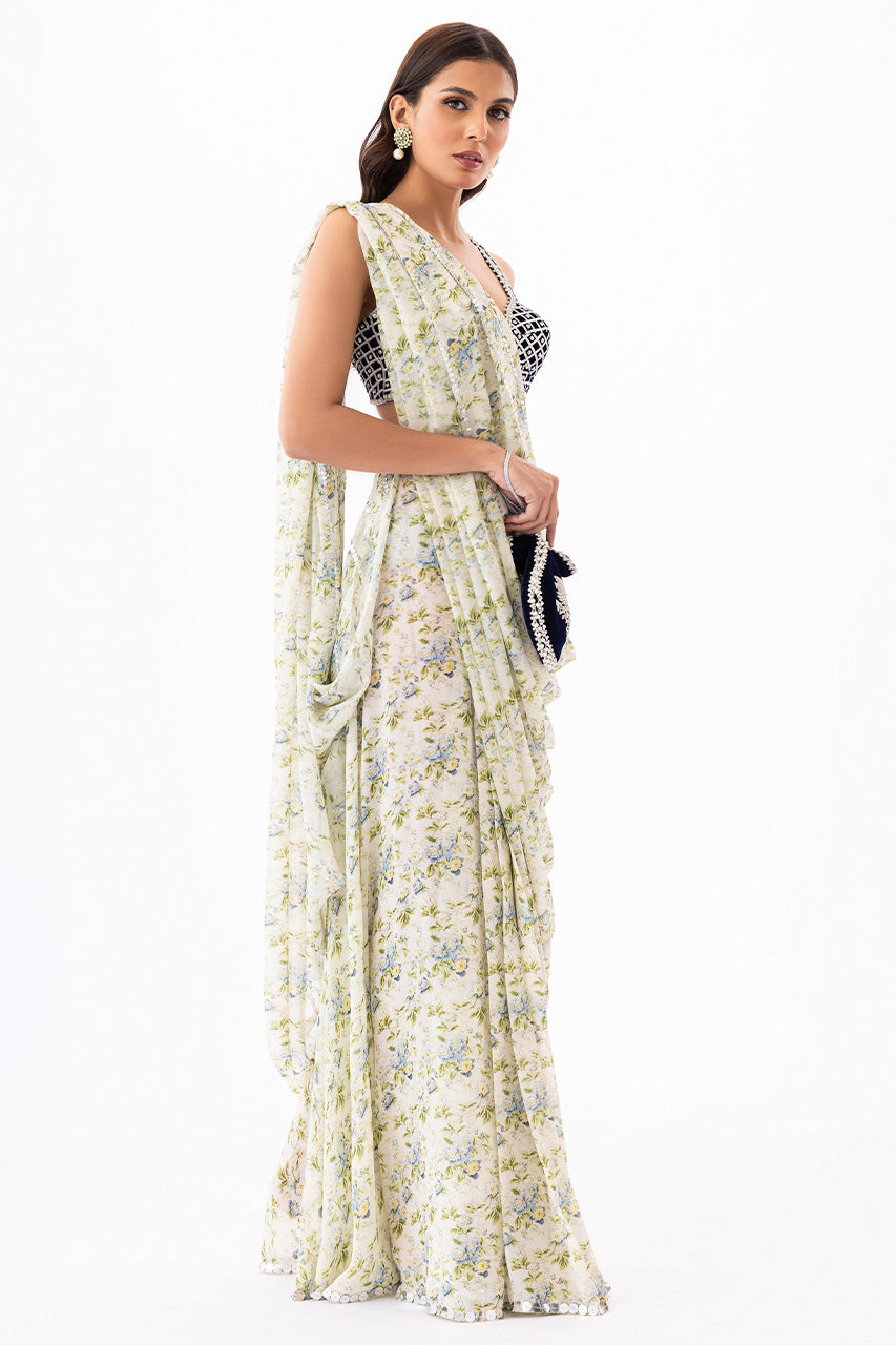 Buttercream Printed Georgette Pre-Draped Saree (2-Piece) - Image 5