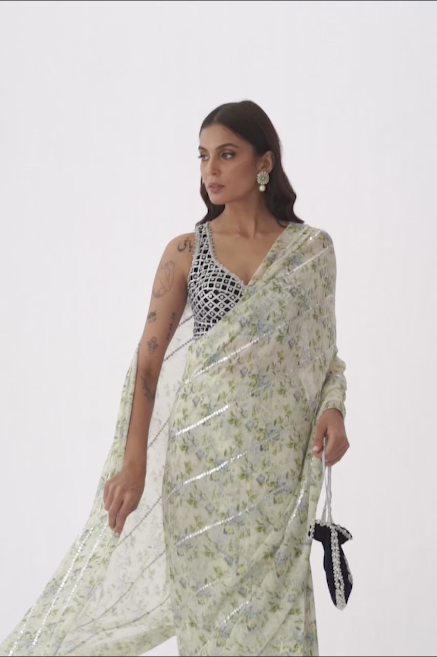 Buttercream Printed Georgette Pre-Draped Saree (2-Piece) - Image 6