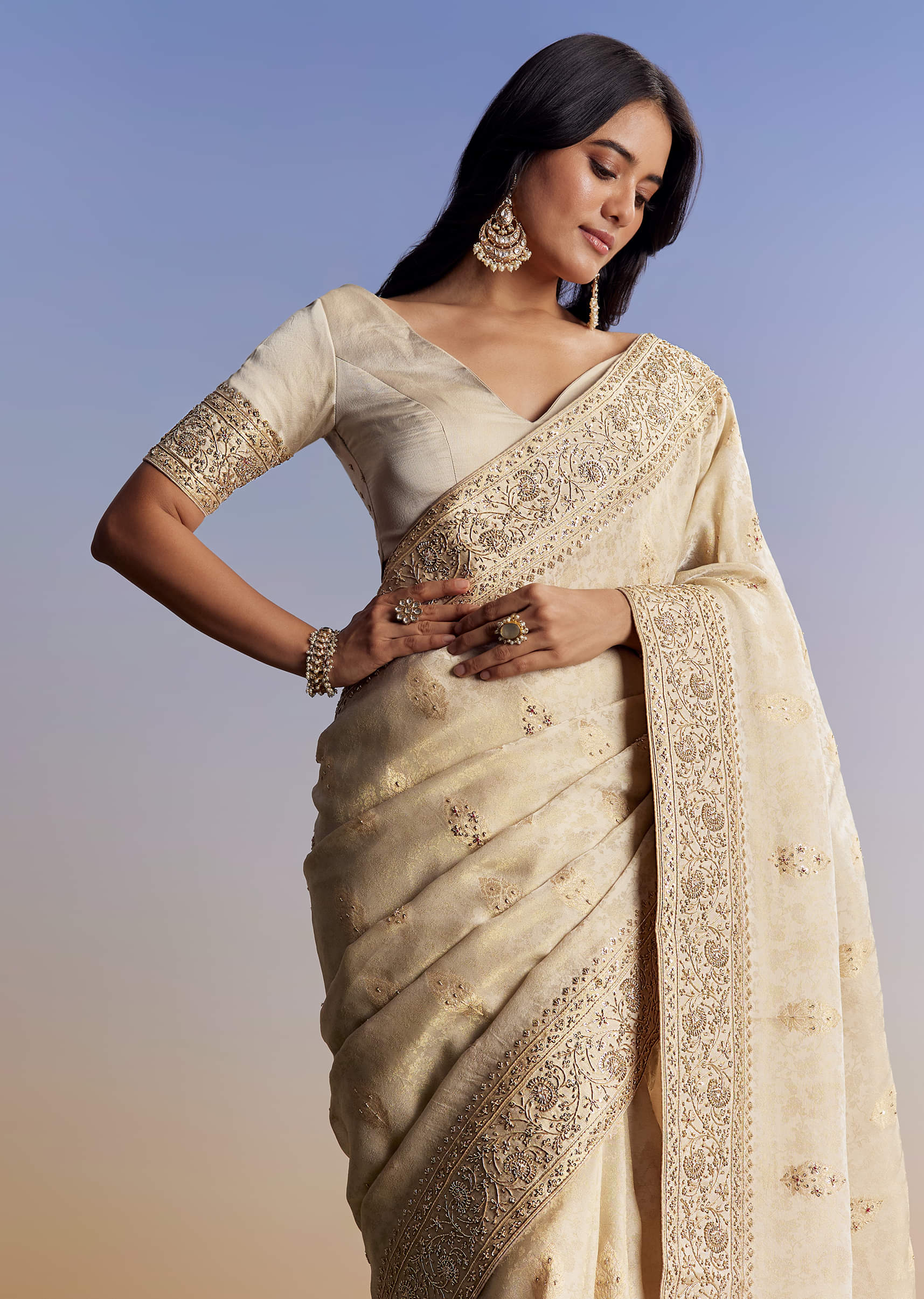 Indian Cream Zardosi Zari Jacquard Silk Saree (2-Piece) - Image 1