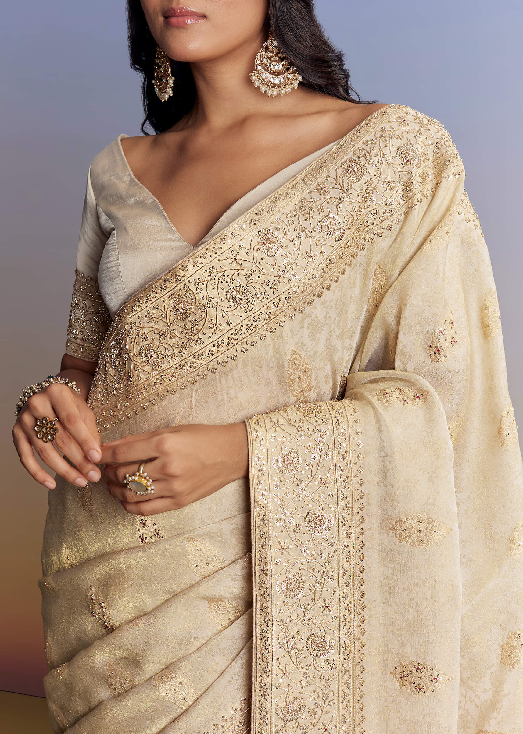 Indian Cream Zardosi Zari Jacquard Silk Saree (2-Piece) - Image 2