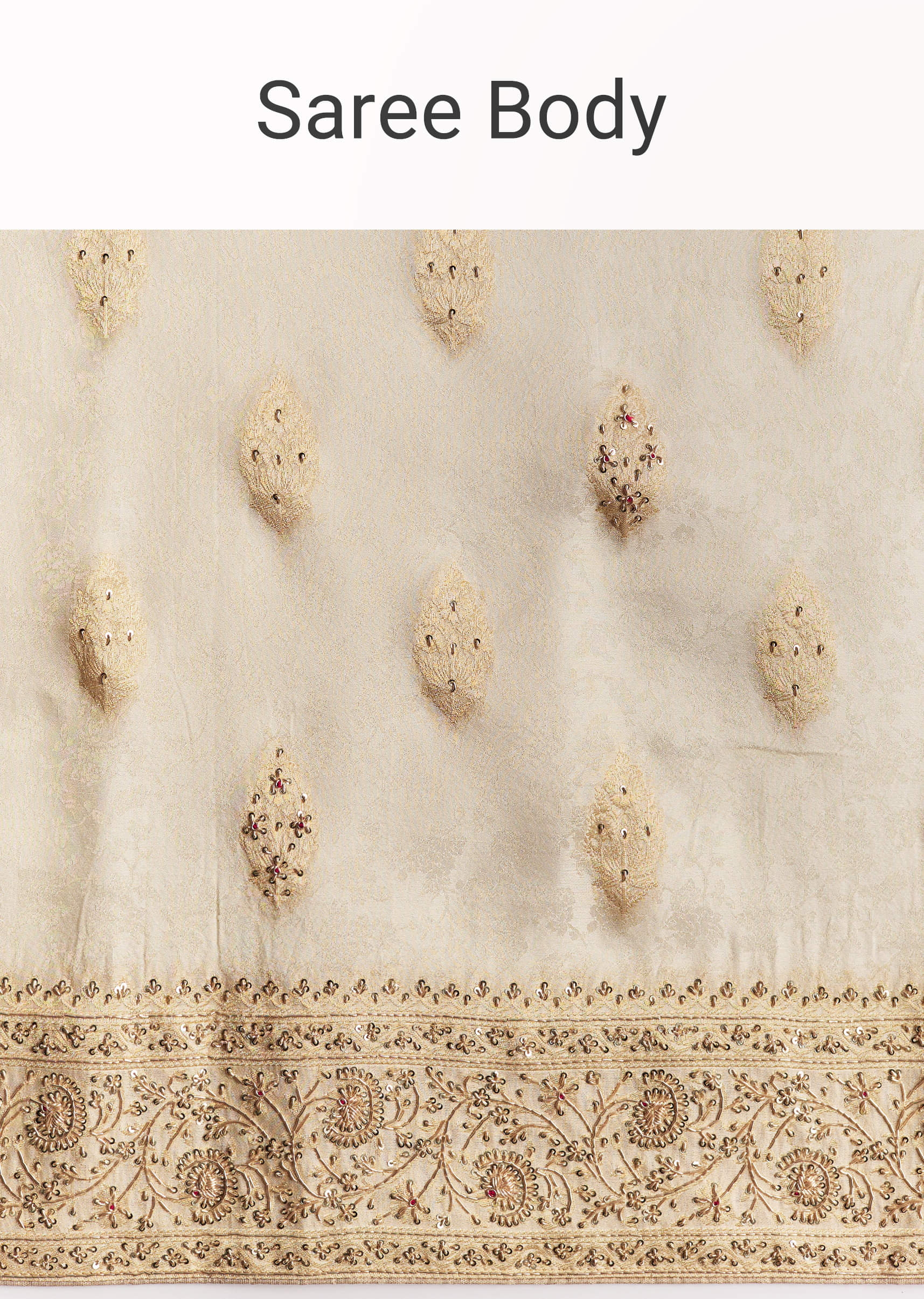 Indian Cream Zardosi Zari Jacquard Silk Saree (2-Piece) - Image 8