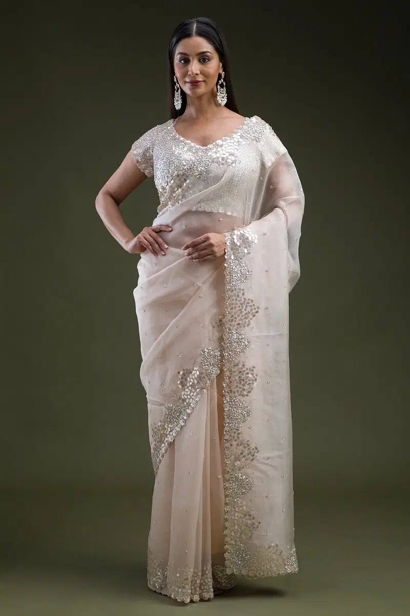 Cream Sequinned Bead Embroidered Organza Saree (2-Piece) - Image 1
